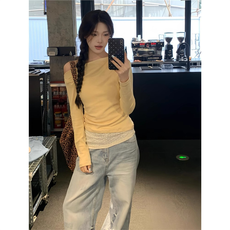 【1*1 Modal Rayon】Yellow Faux Two-Piece Lace Base Shirt for Women, Autumn Off-Shoulder Chic Sweet and Spicy Style 【1*1 Modal Rayon】Yellow Faux Two-Piece Lace Base Shirt for Women, Autumn Off-Shoulder Chic Sweet and Spicy Style