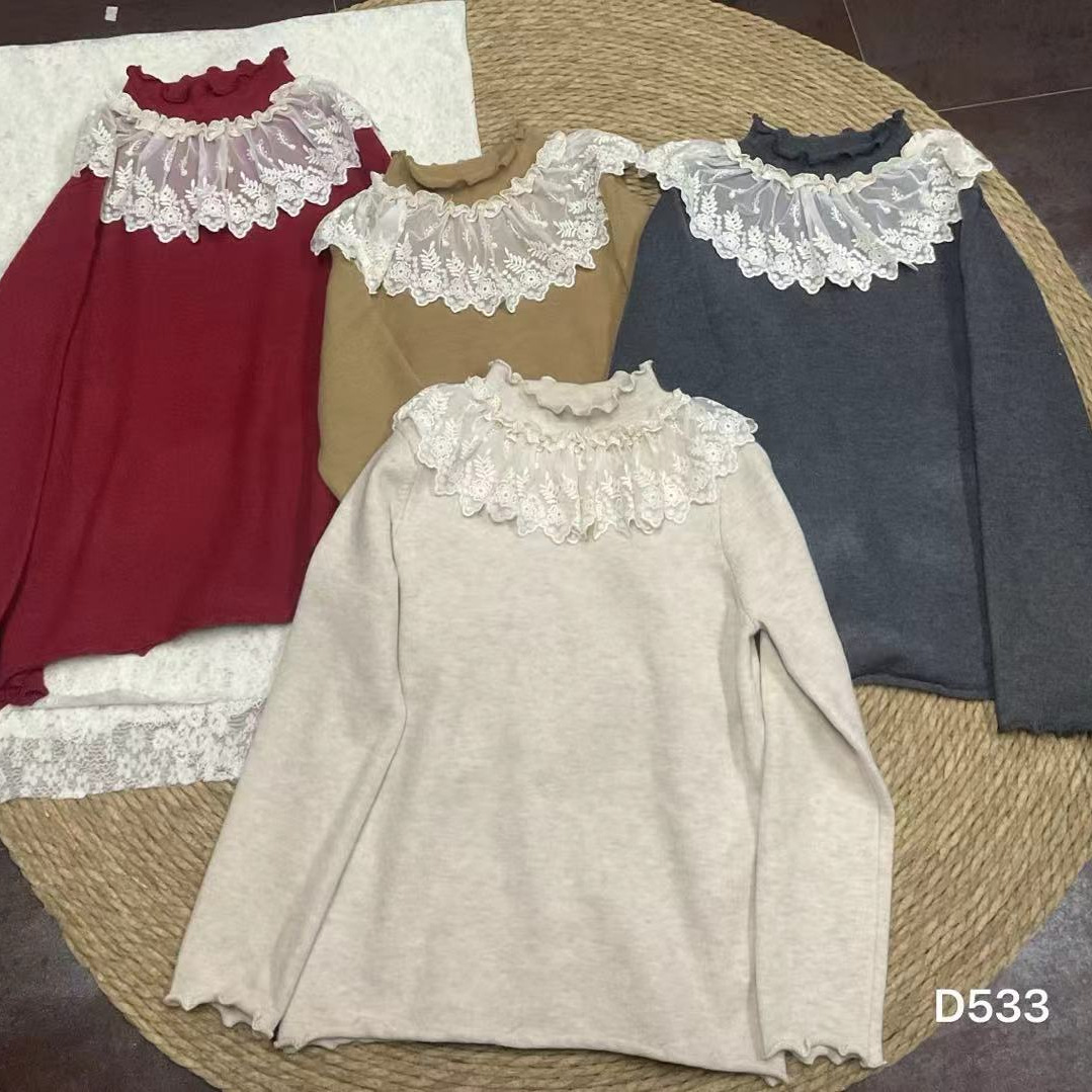 冬款领口花边套头T恤打底衫文艺风森系女装减龄长袖复古无