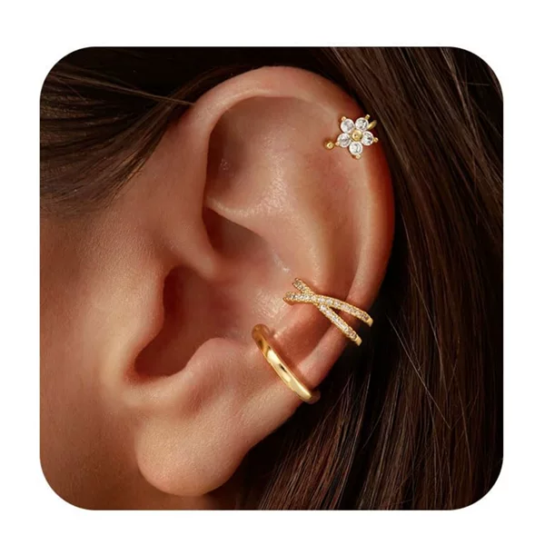 European and American Cross-Border Hot-Selling Brass Real Gold Electroplating Fashionable and Simple Zircon Cross Line Ear Bone Clip Three-Piece Set