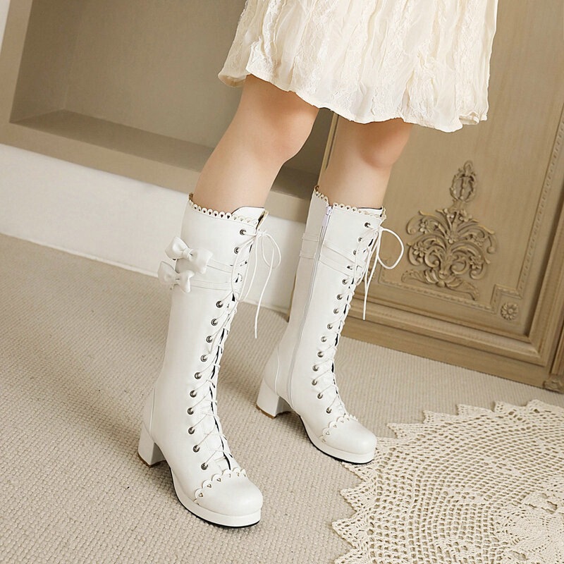 Foreign Trade Cross-Border Lolita Women's Long Boots Autumn and Winter Style Round Toe Chunky High Heel Knee-High Boots Lolita High Boots Dress Shoes