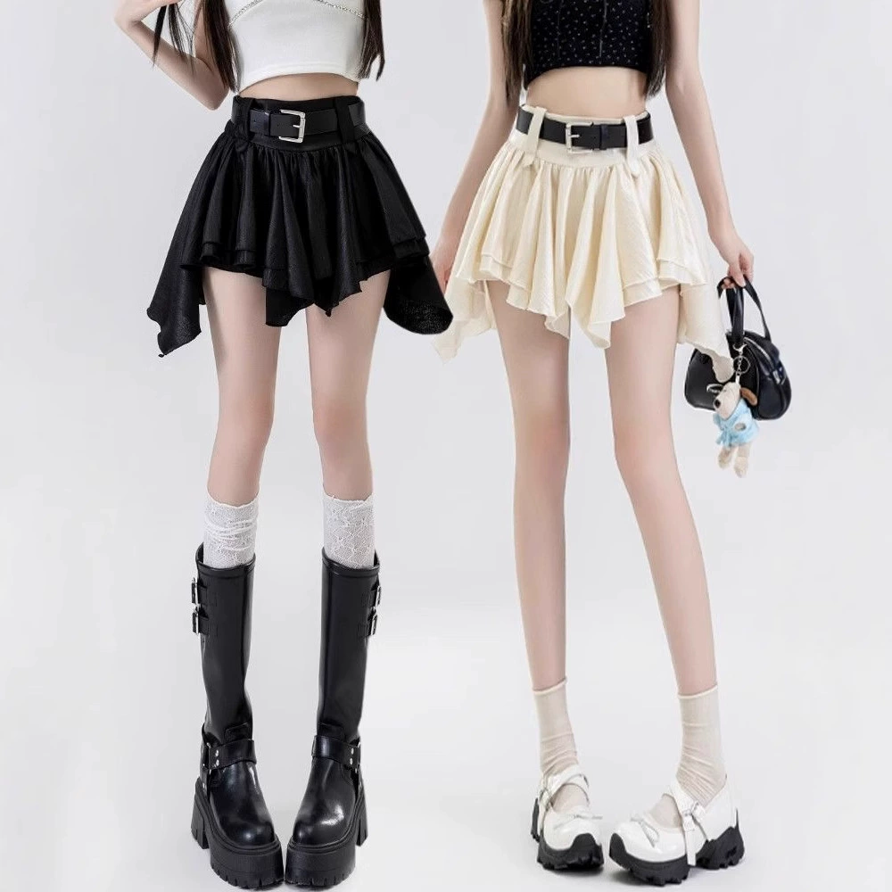 Американский стиль, индивидуальный пояс с высокой талией, цветной блокирующий пояс, пикантная девушка, летние каникулы, короткая юбка трапециевидной формы с рюшами.