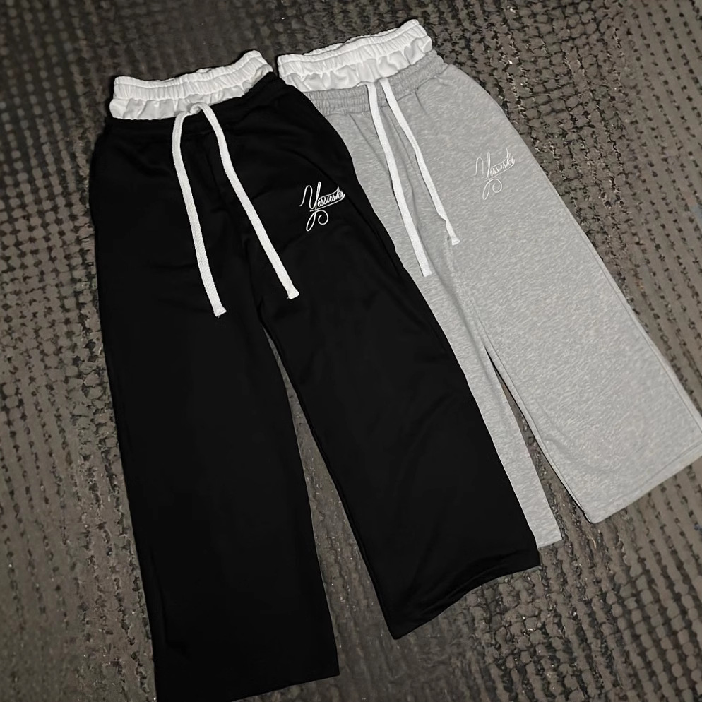 Pantalones deportivos grises de doble cintura para hombre, estilo hip-hop, holgados, de pierna ancha, informales, de talle alto y ajuste holgado.