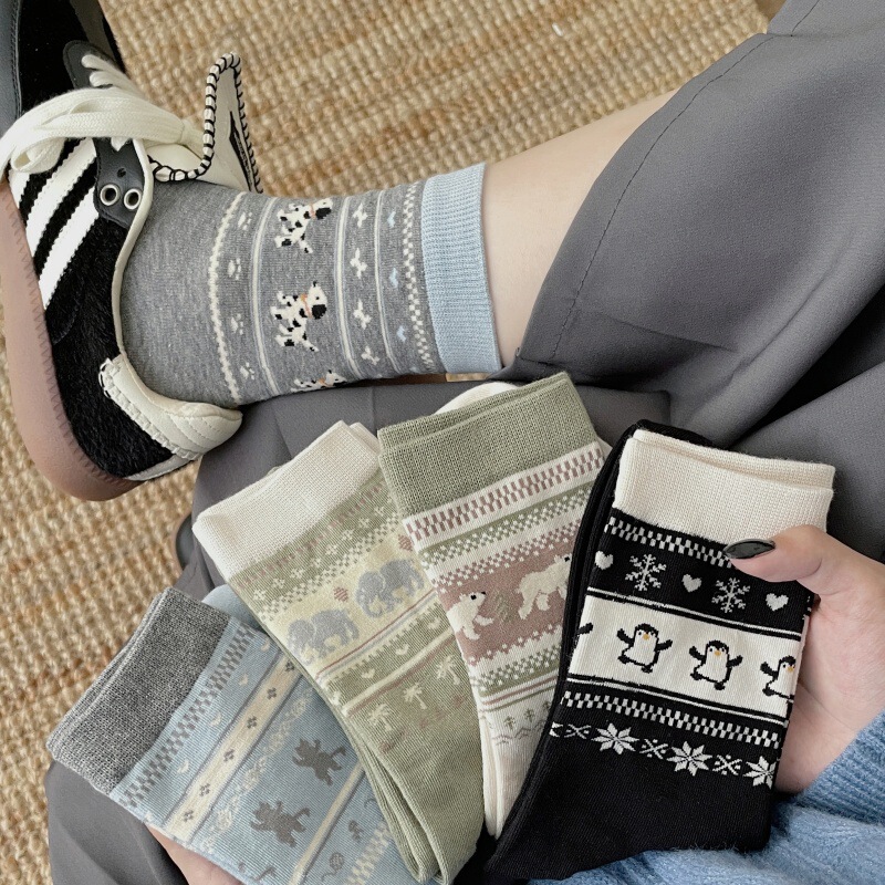 复古费尔岛袜子女可爱卡通动物中筒袜无骨拼色堆堆袜秋冬新款女袜|undefined