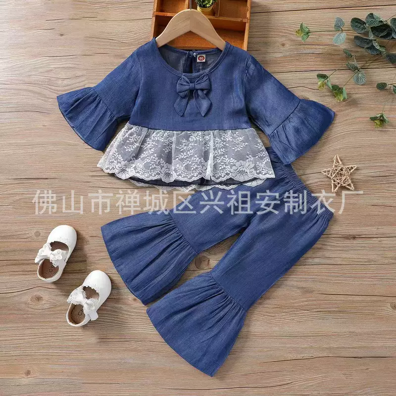 Doll with bow, lace blue flared trousers