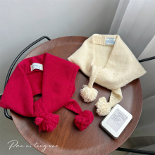 日系秋冬针织毛线三角巾带标毛球男女童可爱百搭保暖围巾防风围脖