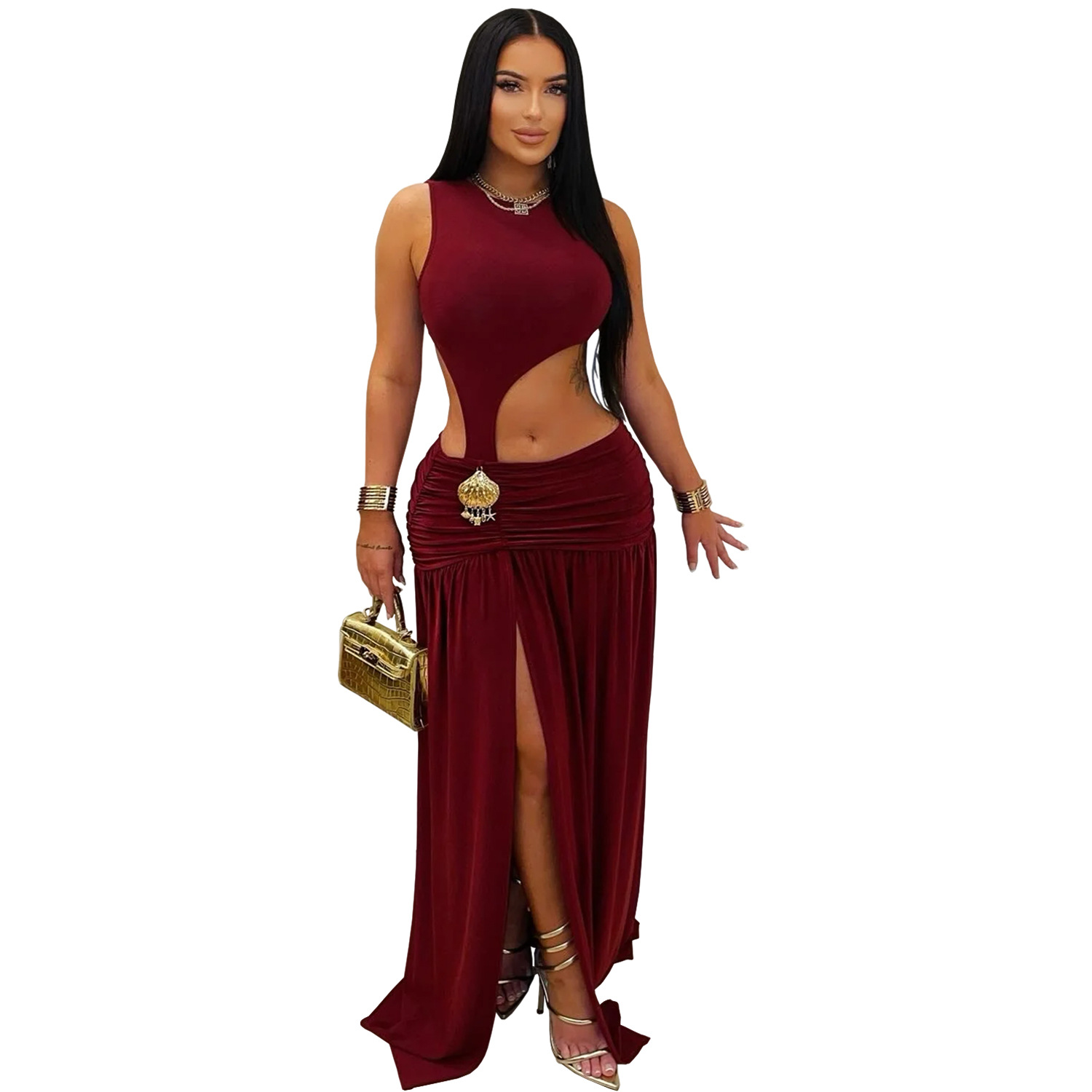 C7597 Aliexpress transfronterizo Amazon Europa y América moda femenina sexy color sólido sin mangas umbilical vestido bifurcado image 8