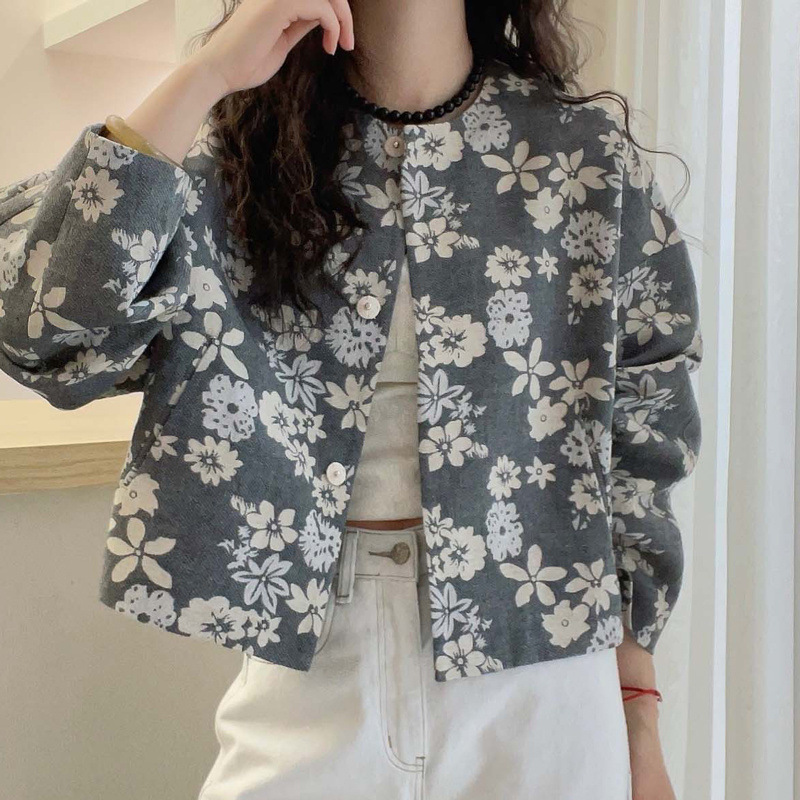 2026 Early Spring New Style Loose and Versatile Korean Style Floral Print Jacket Women's Round Neck Short Jacket Top