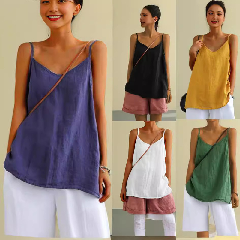 2026 European and American Cotton and Linen Camisole Women's Summer New Loose Cotton and Linen Sleeveless Versatile Base Top