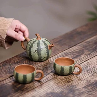 Yixing Raw Ore Purple Sand Pot Pure Handmade Teapot Bionic Duan Mud Watermelon Pot Thin Tire Household Tea Set Purple Sand Pot