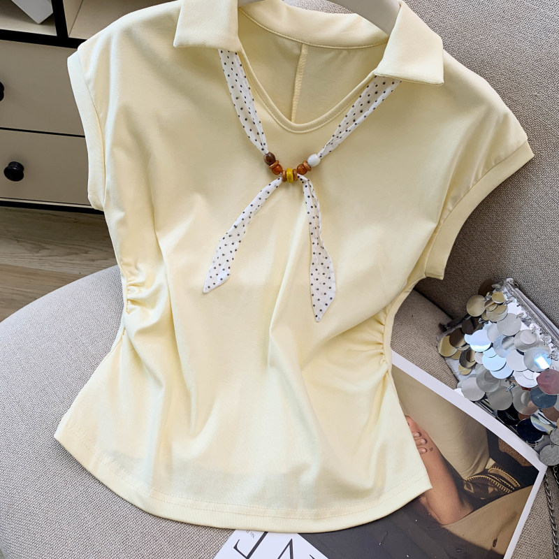 Áo thun polo nữ tay ngắn cổ bẻ kèm khăn lụa phong cách Pháp — màu trắng chi tiết 24