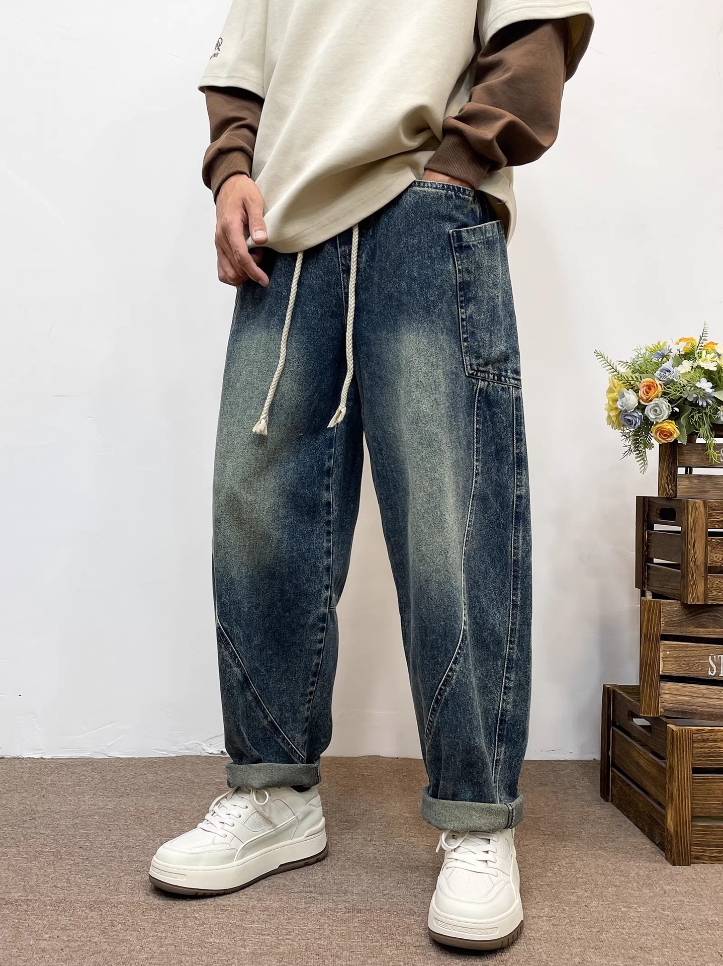 Men's Light Blue Washed Harem Jeans Casual Denim Pants For Men_voghion.com