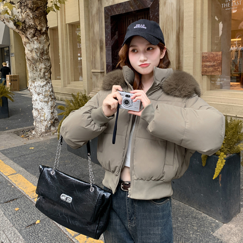 Detachable Hood, High-Waisted, Large Fur Collar, Hooded Short Cotton Jacket for Women, New Winter Cotton Padded Jacket, Slimming Jacket