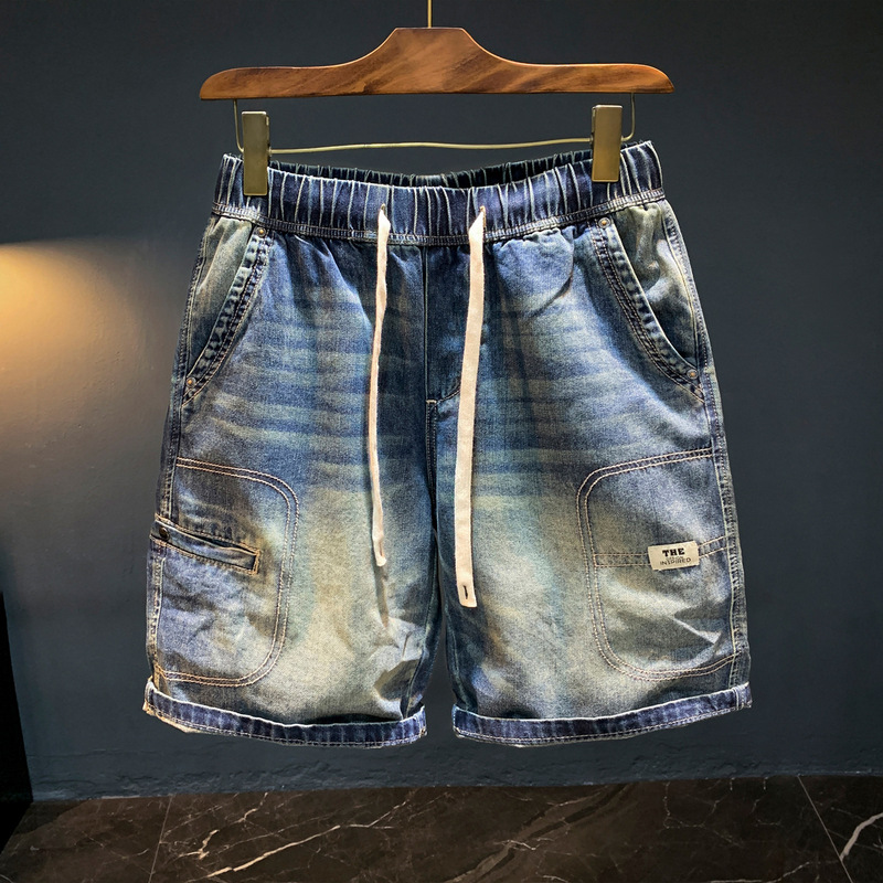 Nostalgic Retro Blue Workwear Denim Shorts Men's Summer Elastic Waist Large Size Medium Pants Distressed Washed Five-Point Men's Pants