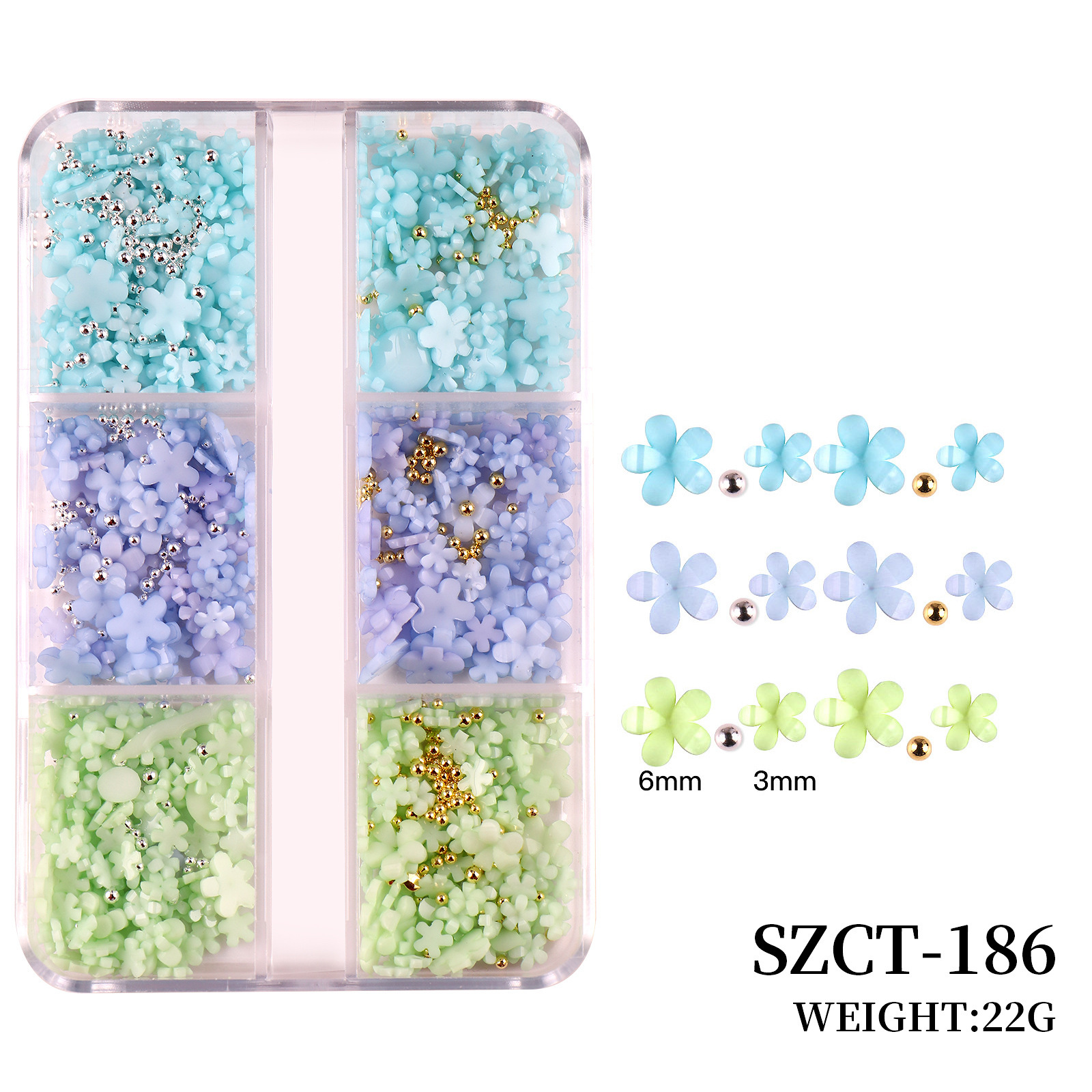 Joyas de uñas transfronterizas Juego de 6 cuadrículas de resina de uñas de color flor de cinco pétalos pequeña bola de acero decoración de uñas de vestir