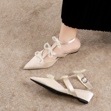599-16 French pearl bow silk pointed straight strap mid heel women's shoes with empty toe cap and sloping heel sandals for women