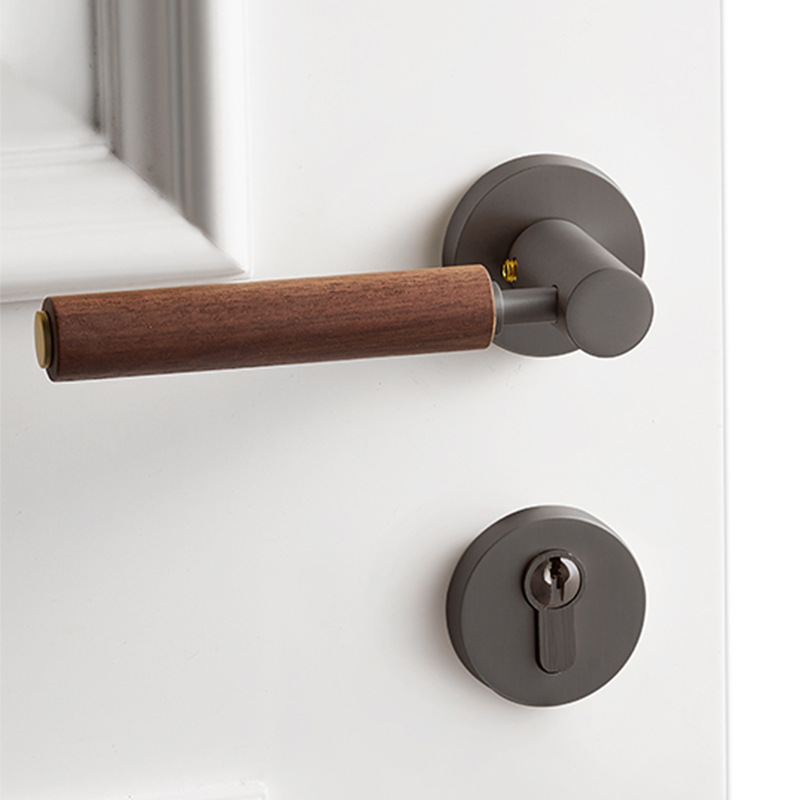 Cerradura de Puerta Interior de Latón para el Hogar, Suministro Directo de Fábrica, Totalmente en Cobre, Estilo Francés, Silenciosa, Magnética, Retro, con Manija de Madera de Cerezo para Dormitorio