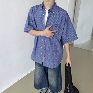 2025夏季美式复古宽松蓝色格子短袖衬衫男女休闲百搭刺绣衬衣外套