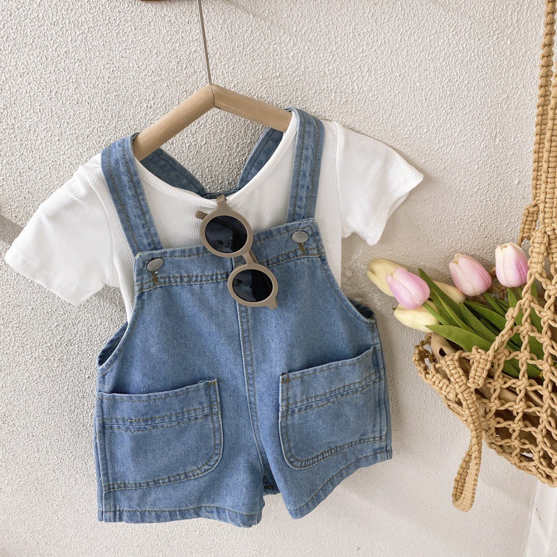 Children's denim overalls summer new Korean style unisex kids stylish soft large pocket belt shorts 5512