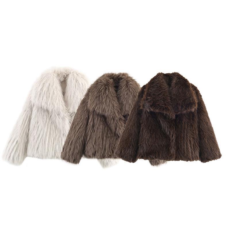 翻领毛毛外套秋季潮人欧美风外贸时尚宽松短款跨境女