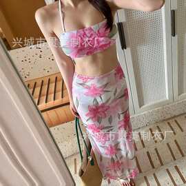 泰国海岛度假风三角比基尼纯欲性感显瘦绑带温泉分体泳衣女热带花
