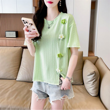 糖果色泡花提花短袖T恤女薄款圆领肌理感宽松短款大码小个子上衣
