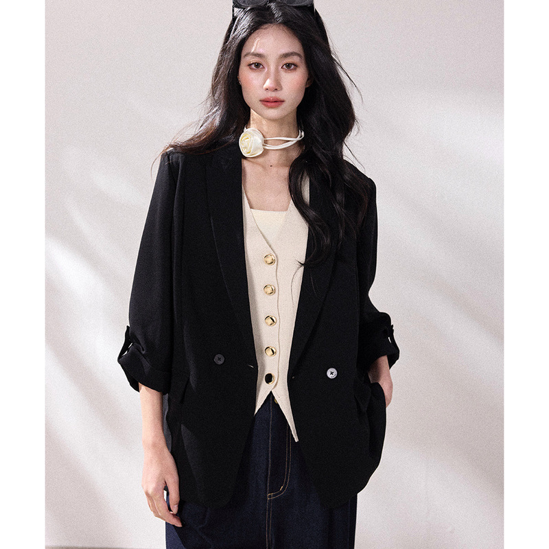 【Shengdu】26 Spring New High-End Versatile Lightweight Elegant Ol Professional Black Blazer Casual Jacket for Women