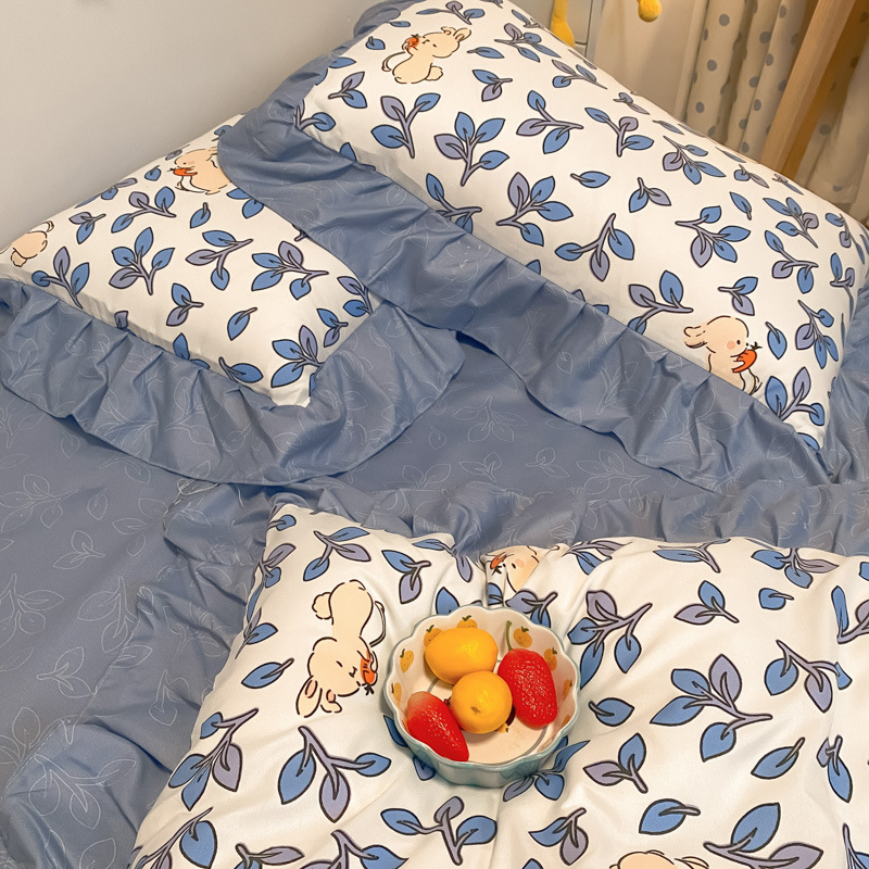 韩式公主风四件套小清新ab版印花百褶花边磨毛床品被套床裙单批发