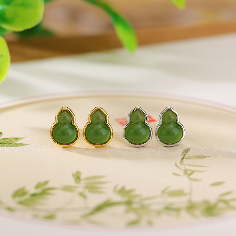 Bông tai bạc S925 mạ vàng đính ngọc bích jasper phong cách retro đơn giản — Kiểu màu bạc