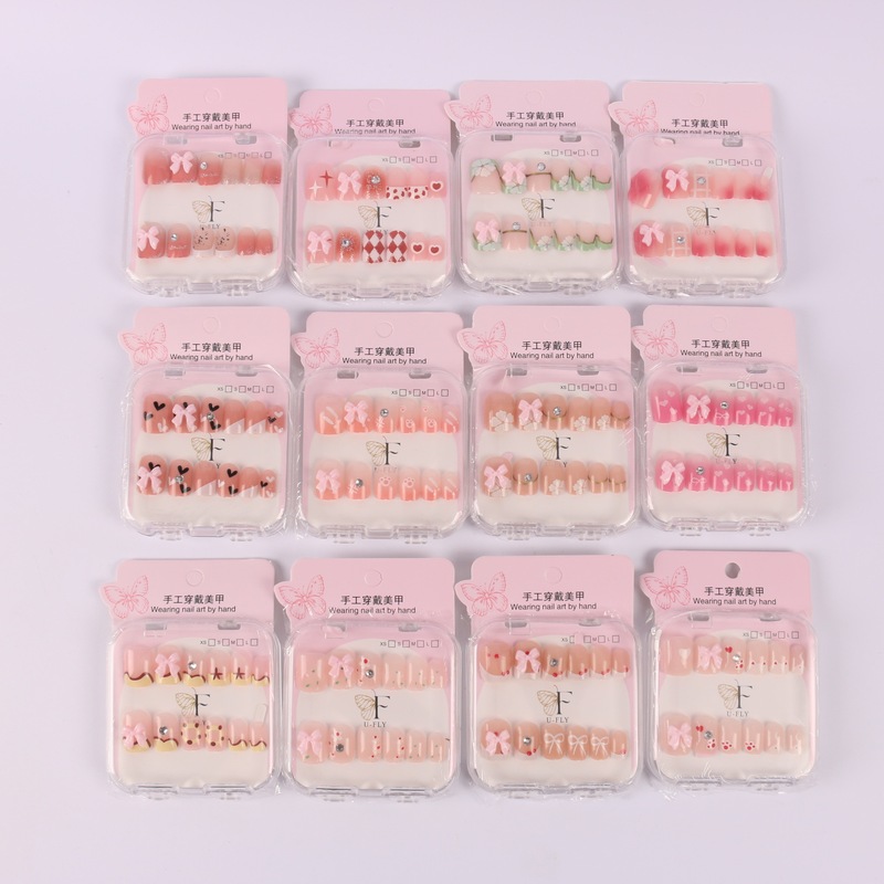 【Factory Direct Sales】Cross-Border Wearable Nails, Cute Nail Stickers, Nail Art with Rhinestones, Boxed Finished Nail Pieces with Accessories