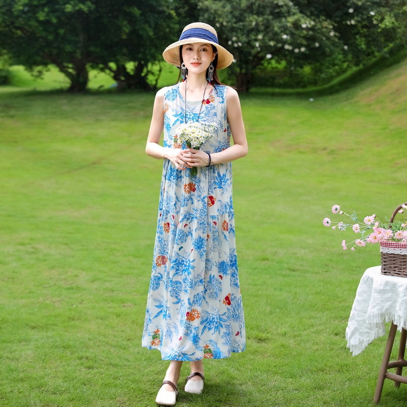 ノースリーブの若い女性の綿シルクドレス夏の海辺の休暇プラスサイズの膝丈ビーチドレス|undefined