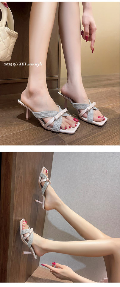 Dép sandal nữ cao gót mũi vuông hở ngón, quai chéo đính đá và nơ, phong cách thanh lịch — Màu bạc, Màu vàng, Màu đen chi tiết 9