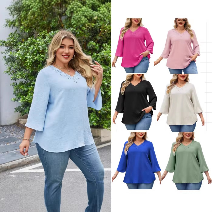 2026 Large Size Cross-Border European and American Amazon New Solid Color V-Neck Lace Flared Sleeve Loose Casual Women's Shirt