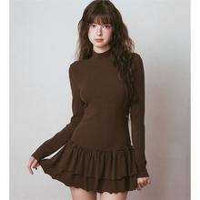 高领修身长袖T恤连衣裙女秋冬季新款内搭叠穿打底木耳边裙摆ins潮
