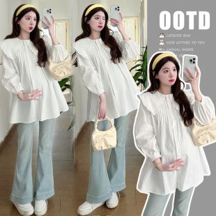 2025 Early Spring New Pregnant Women Cute Doll Collar Age-reducing All-match Shirt Top Buckle for Breastfeeding