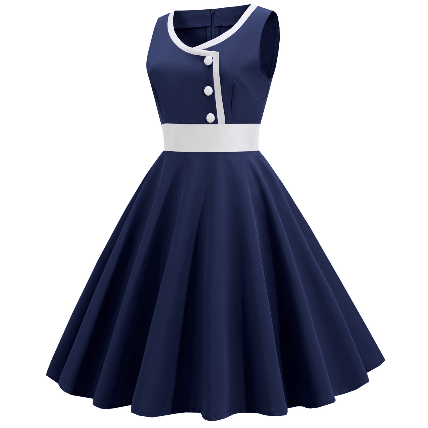  Femmes Hepburn rétro blanc rayure couture fausse simple boutonnage décoratif couleur unie grande jupe_voghion.com