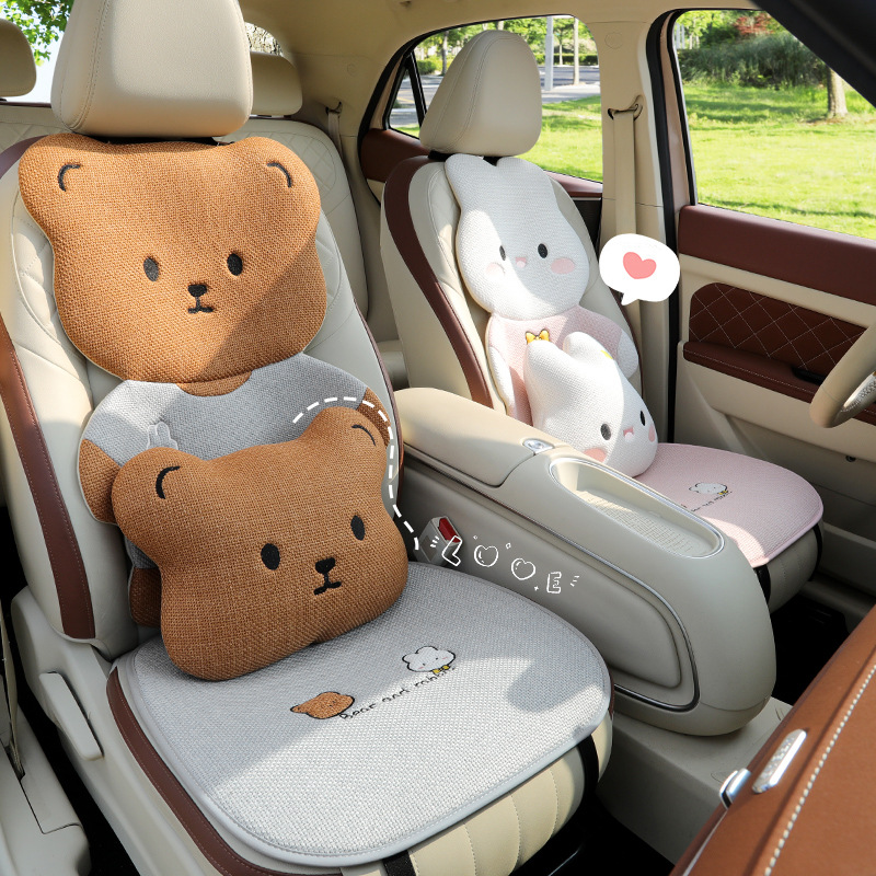 亚麻汽车坐垫夏季透气凉垫女士车内饰单片卡通可爱四季通用座椅套
