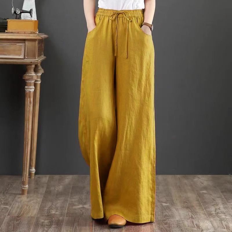 2024 Spring/Summer Literary Cotton and Linen Feel Women's Loose Plus Size Wide-Leg High-Waisted Floor-Length Pants