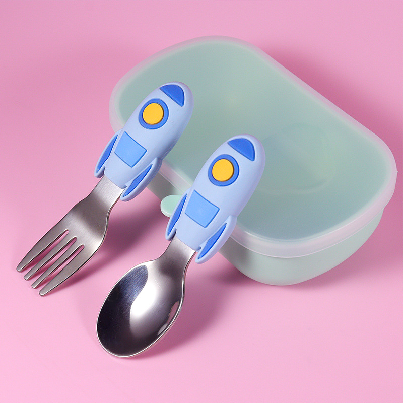 (Individually Packaged) Baby Silicone Spoon and Fork Set, 316 Stainless Steel Training Fork and Spoon Set for Feeding