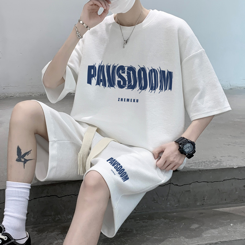 Summer Waffe suit Men's Summer Short-sleeved T-shirt Trendy Sportswear Two-piece Casual Shorts for Teenagers