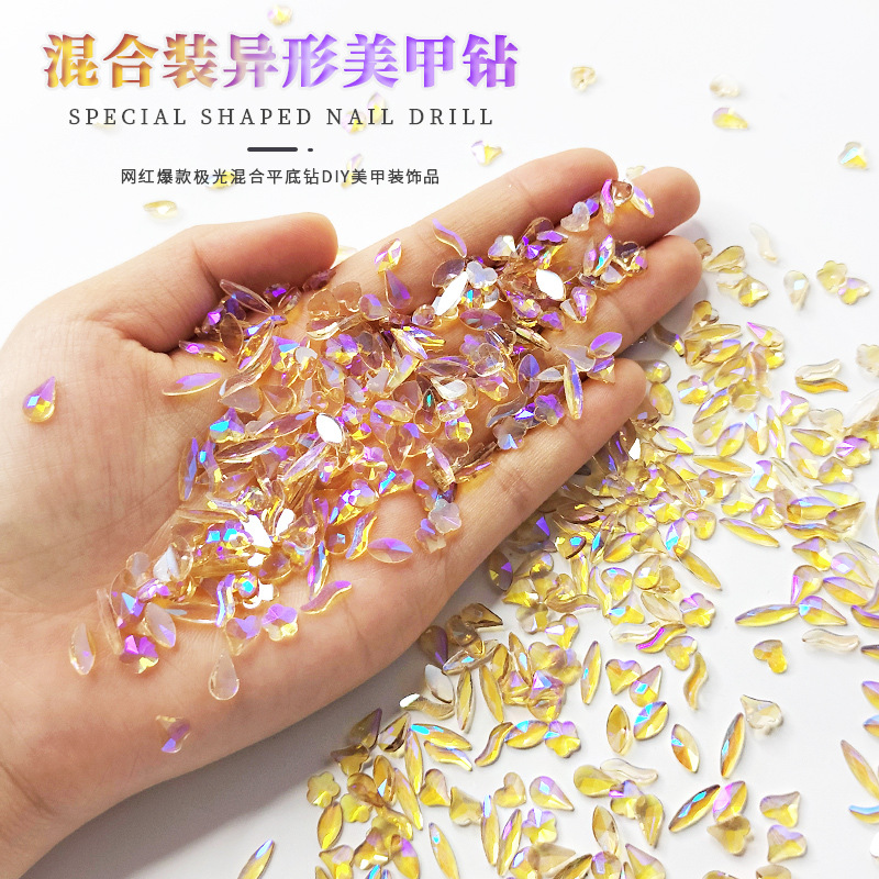 Super Flash Magic Aurora Ice Champagne Gold nail Diamond Manicura en línea popular en forma especial mezclado diamante plano de lujo ligero