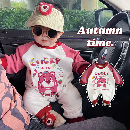 0-2 years cute cartoon red raspberry bear one-piece outfit trendy for boys and girls long-sleeved long pants cotton onesie crawl suit