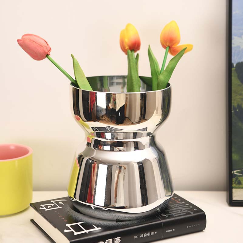 Nuevo nórdico lujo ligero alto sentido plateado jarrón de vidrio de pesas decorativo para el hogar flor flor seca flor