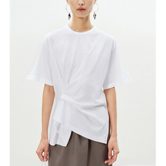 【LS注文】2025年春夏新作丸首デザイン感フリル半袖tシャツ女性気質通勤上着