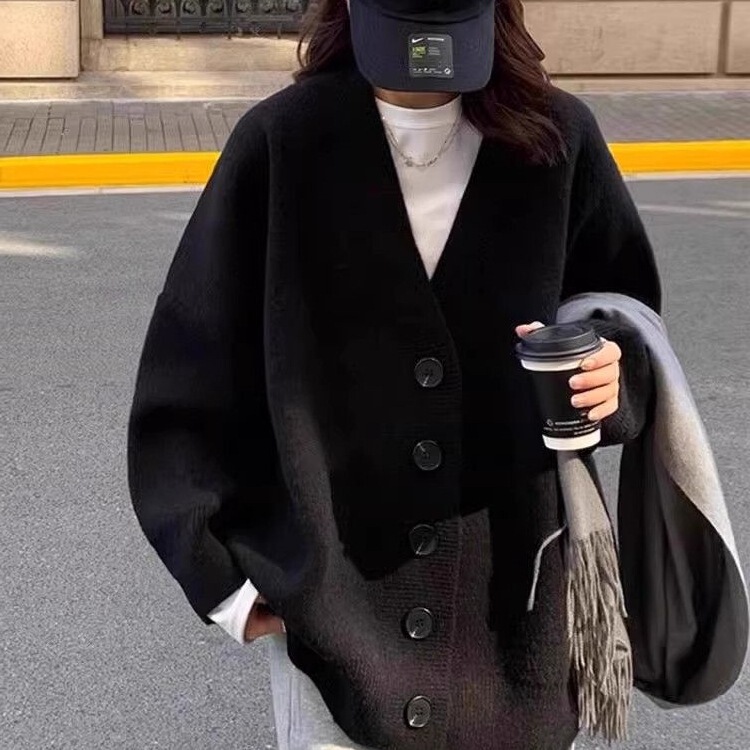 2025 Thickeneded Large Size Black Sweater Jacket for Women to Wear Retro Mid-Length Lazy Loose V-Neck Knitted Cardigan 2025 Thickeneded Large Size Black Sweater Jacket for Women to Wear Retro Mid-Length Lazy Loose V-Neck Knitted Cardigan