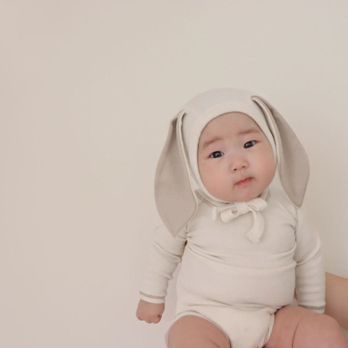 2024 Korean children's clothing bunny ears baby jumpsuit belly protection triangle bag fart clothes baby spring crawl suit suit