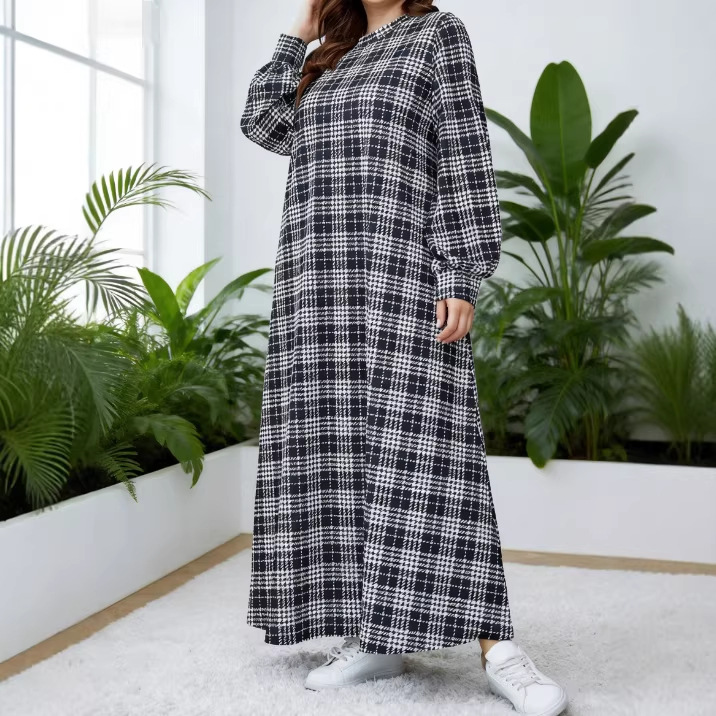 Cross-border Middle Eastern Muslim Women's Black And White Plaid Robe, Loose Plus-size Round-neck Long Dress Abaya_ecoleips.com