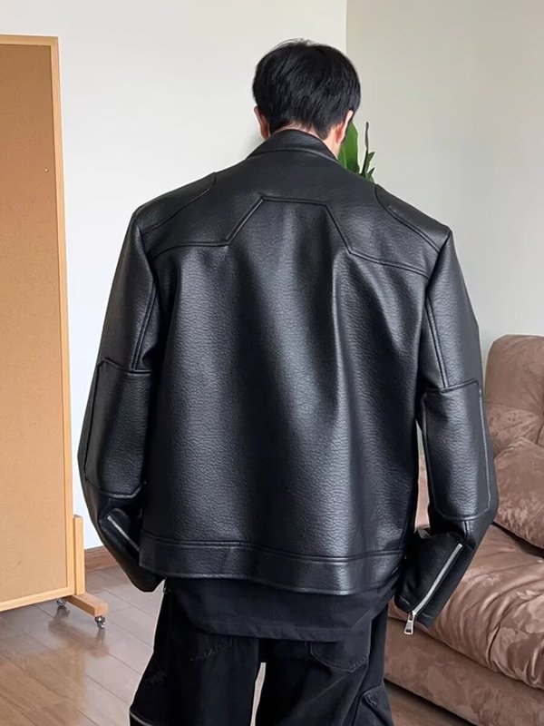 美式复古宽松立领机车皮衣外套男秋季新款设计感帅气休闲pu皮夹克|undefined