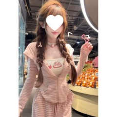 条纹兔耳朵连帽防晒开衫休闲吊带外套2025秋季背心三件套新款套装
