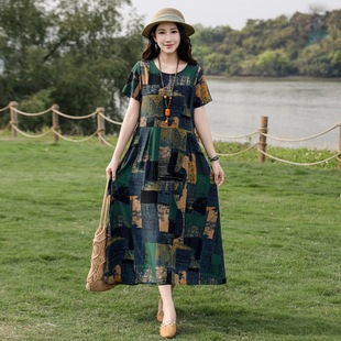 Mom's New Summer Cotton Silk Dress Mid-Length Large Size Middle-Aged and Elderly Women's Classy Artificial Cotton Outer Skirt