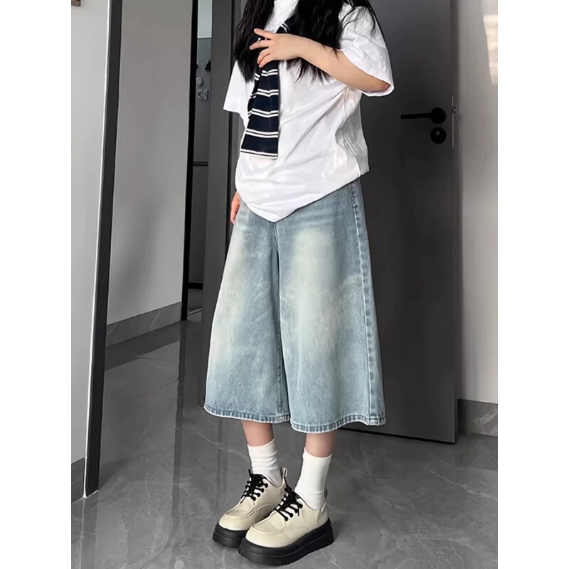 American-Style Cropped Straight-Leg Denim Shorts for Women, Summer Thin Style, Plus-Size, Slimming Mid-Length Pants for Petite Figures, Wide-Leg Mid-Length Pants American-Style Cropped Straight-Leg Denim Shorts for Women, Summer Thin Style, Plus-Size, Slimming Mid-Length Pants for Petite Figures, Wide-Leg Mid-Length Pants